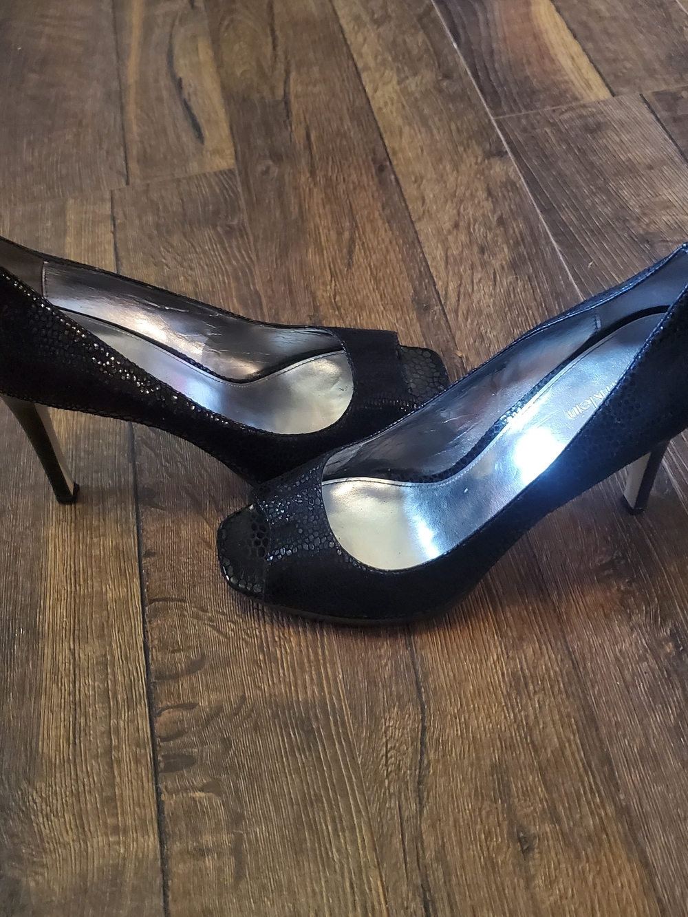 Calvin Klein Black Snakeskin Peep-Toe High Heels